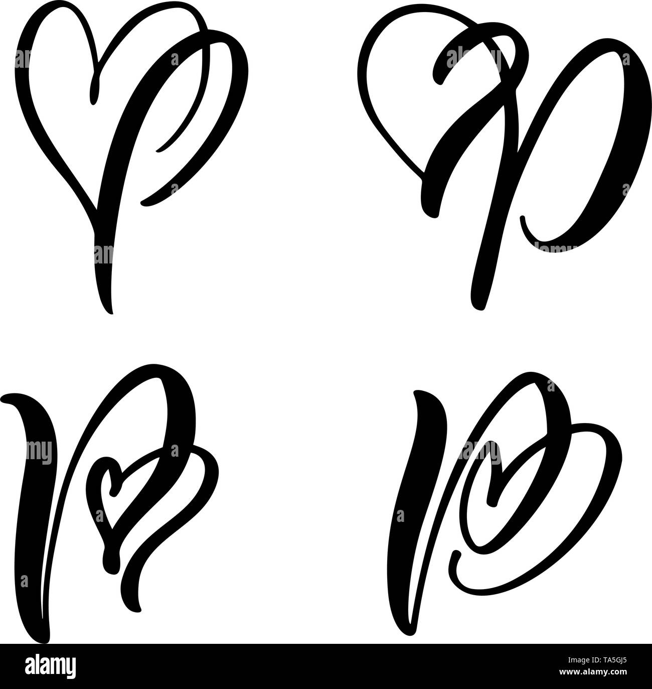 Ensemble vectoriel de lettre florale vintage monogramme P. Calligraphie élément Saint-Valentin fleurissent. Signe coeur dessiné à la main pour la décoration et le design de la page Illustration de Vecteur