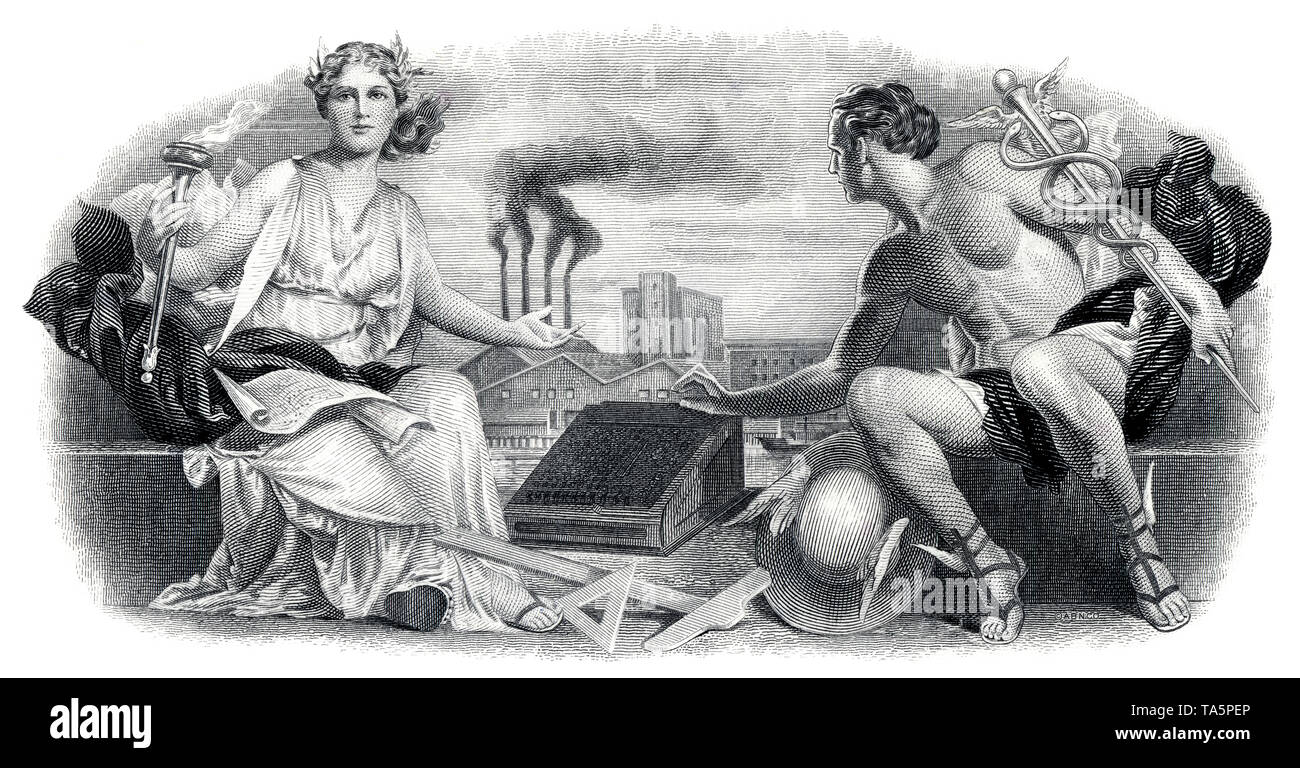 Illustration dans la vignette d'un certificat d'actions historiques, les dieux grecs Olympie et Hermes assis avec une calculatrice mécanique en face d'une usine avec des fumeurs, cheminées Société comptomètres, Illinois, USA, 1960, Wertpapier, historische Aktie, Motiv : Die griechischen Gottheiten Olympia und mit einer mechanischen Hermes sitzen vor einer Rechenmaschine rauchenden Schornsteinen Haus Friedrichsbad mit, Comptometer Corporation, 1960, Illinois, États-Unis Banque D'Images