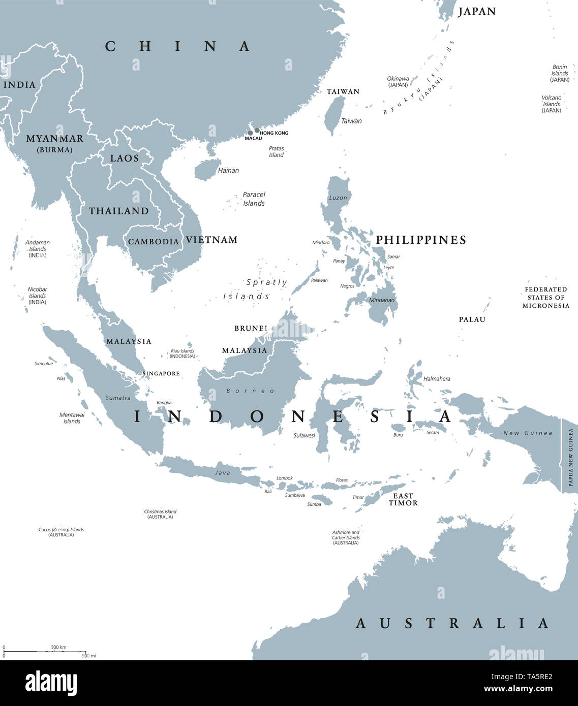Asie du sud-est, une carte politique avec les frontières. Sous-région de l'Asie avec les pays du sud de la Chine, à l'Est de l'Inde, à l'ouest de la Nouvelle Guinée, au nord de l'Australie. Banque D'Images