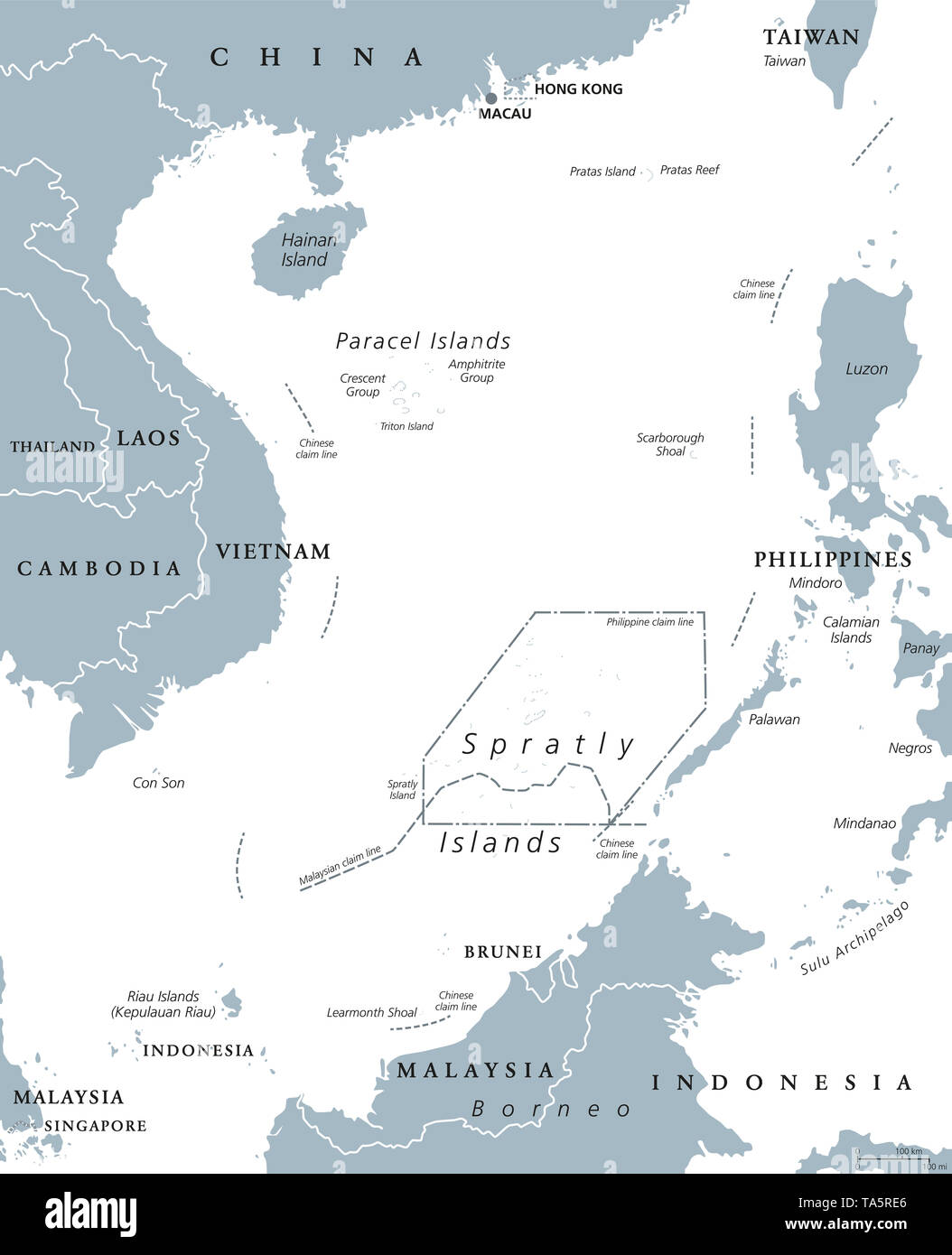 Îles de la mer de Chine méridionale, une carte politique. Îles Paracel et Spratley, atolls, îlots et récifs. Réclamé par la Chine et en partie d'autres états voisins. Banque D'Images