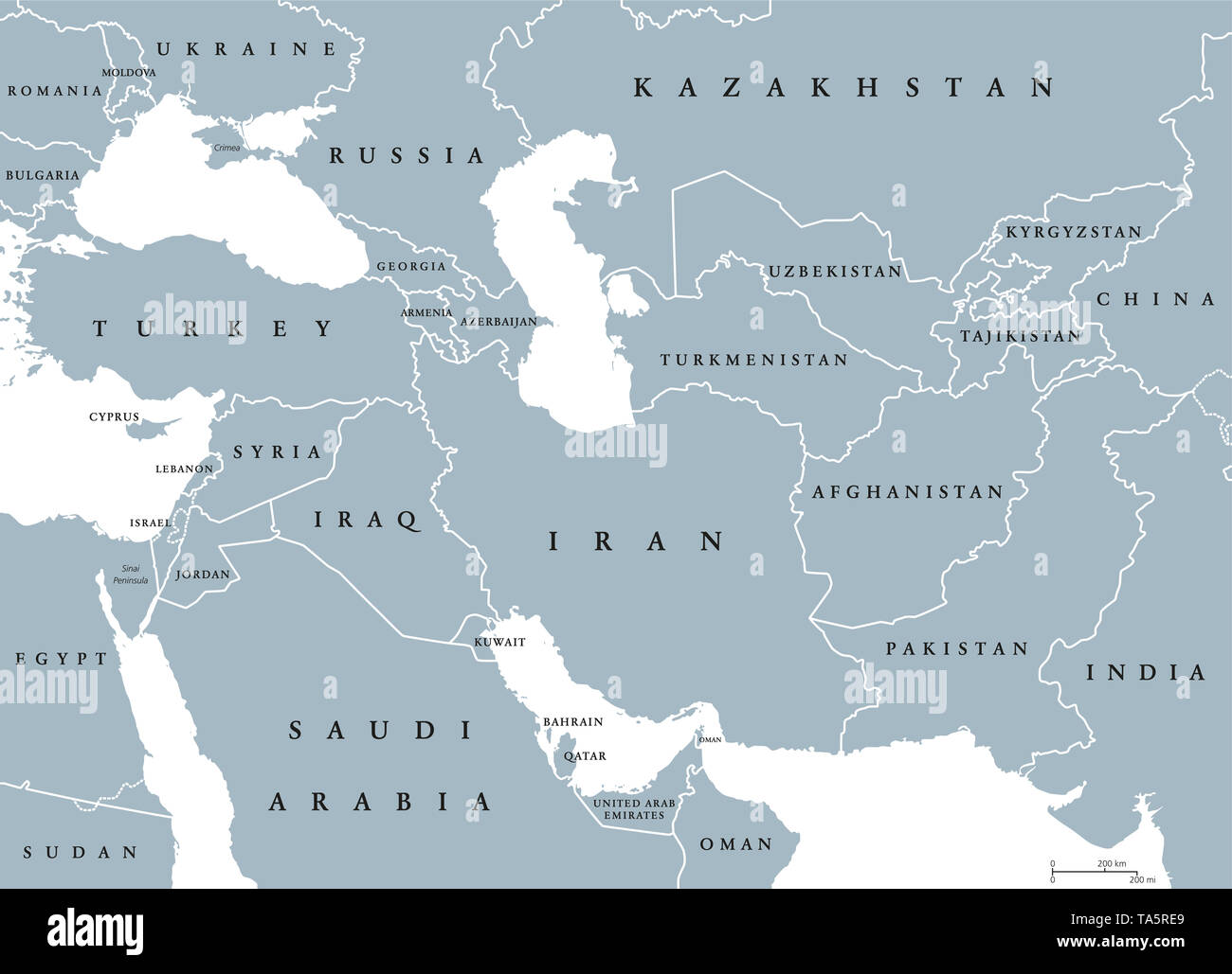 L'Asie du Sud-Ouest, une carte politique avec les frontières. Également appelé, à l'ouest de l'Ouest ou le sud-ouest de l'Asie. Sous-région, chevauchement avec le Moyen-Orient. Banque D'Images