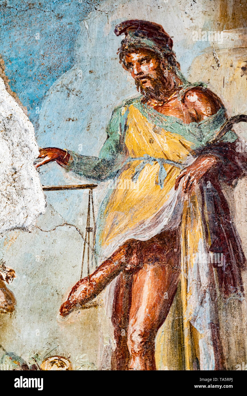 Fresque de l'ancienne divinité Romaine Priape, Pompéi Banque D'Images
