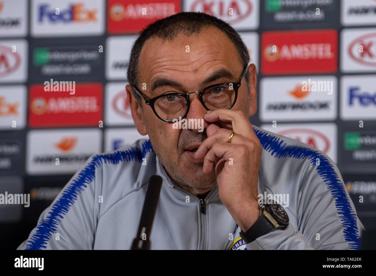 Cobham, Royaume-Uni. 22 mai 2019. Manager Maurizio Sarri tient une conférence de presse à venir du Chelsea FC est l'UEFA Europa League contre Arsenal FC à Bakou le 29 mai 2019. Crédit : Peter Manning/Alamy Live News Banque D'Images