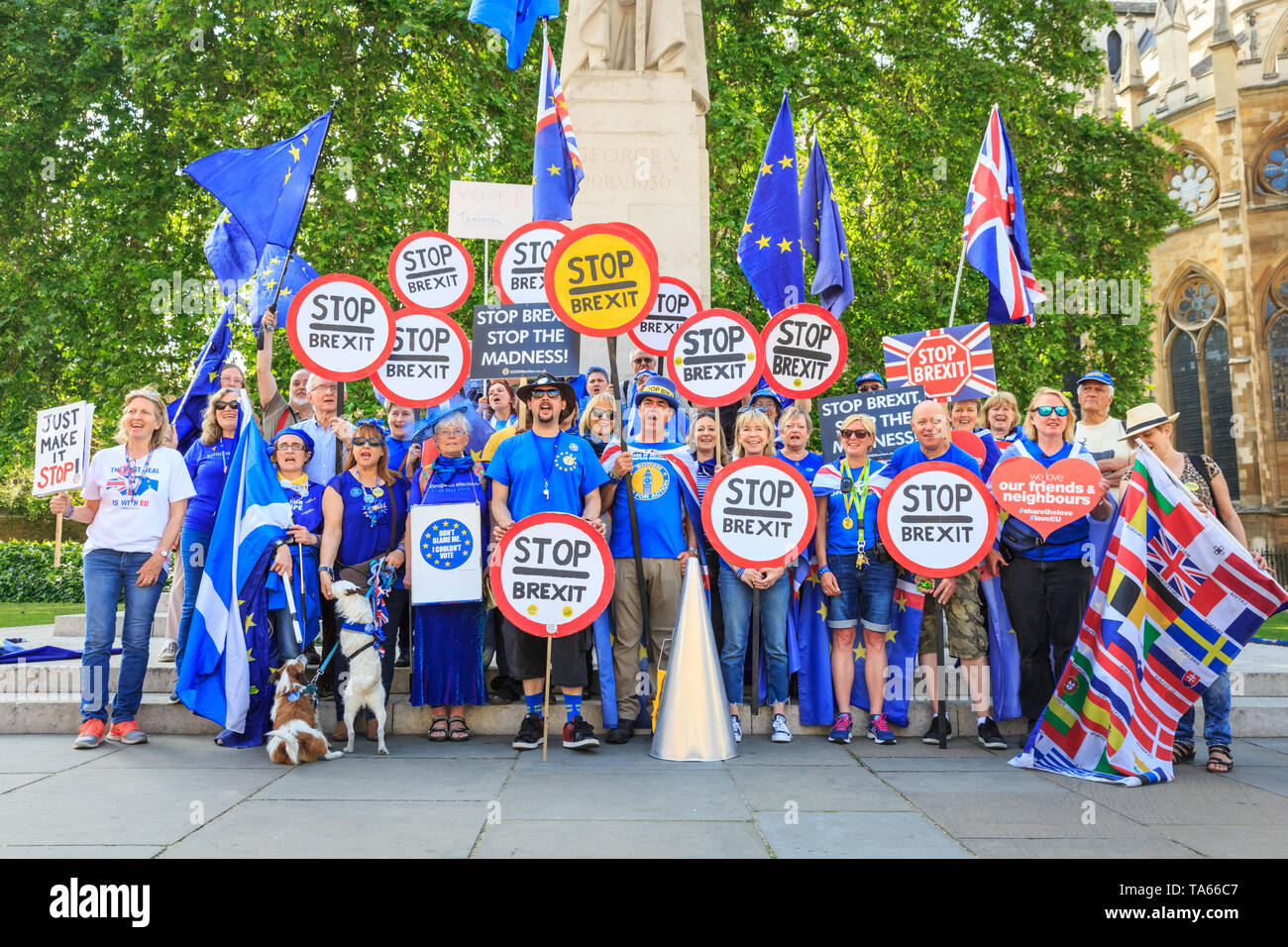 Westminster, London, UK, 22 mai 2019. Brexit anti manifestants devant le Parlement se réunissent pour une 'Stop' Brexit crier avec des pancartes, des banderoles et des panneaux d'arrêt Brexit. Les manifestants sont venus de différents groupes, y compris Steve Bray, fondateur de SODEM (Stand de Défi Mouvement européen), knwon comme Westminster's 'Mr. Homme Shouty'. Credit : Imageplotter/Alamy Live News Banque D'Images