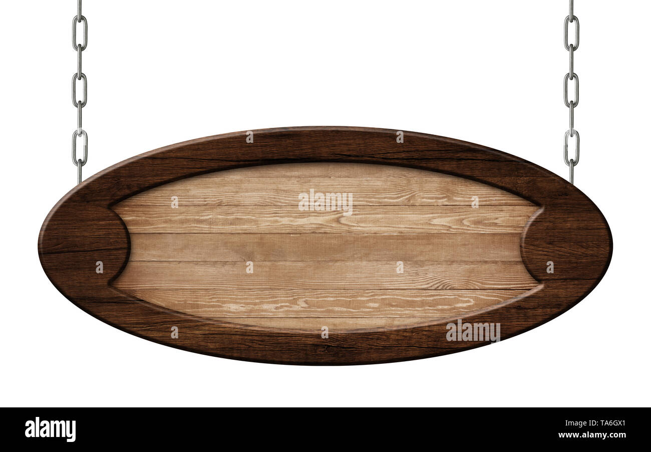 Panneau ovale en bois naturel avec cadre en bois foncé accroché sur les chaînes Banque D'Images