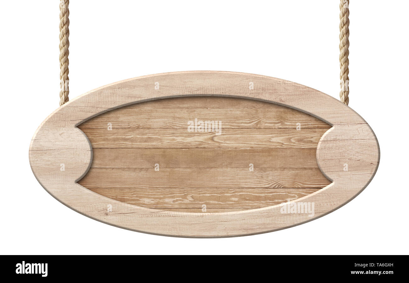 Panneau ovale en bois naturel avec un cadre en bois accroché sur des cordes Banque D'Images
