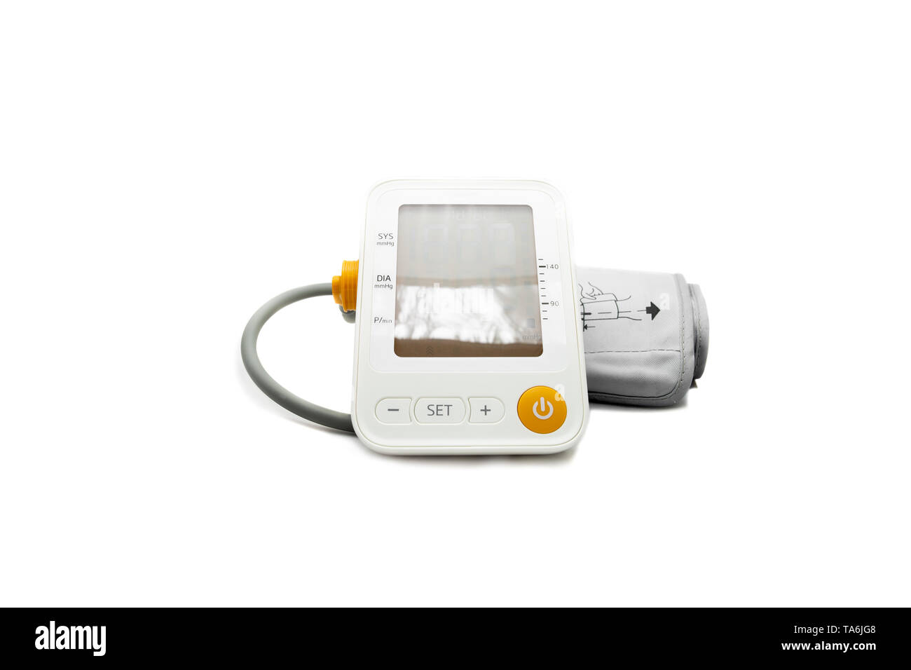 Tonomètre moderne pour mesure de pression artérielle isolé sur fond blanc. Banque D'Images