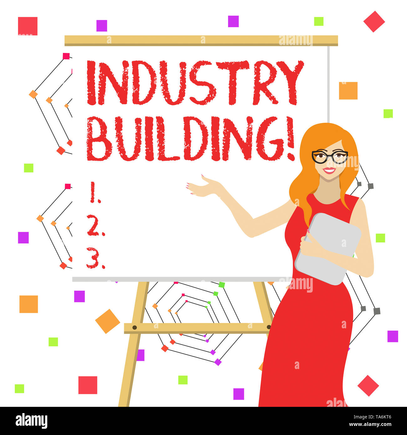L'écriture de texte Word Industrie Bâtiment. Photo d'entreprise présentant les usines et les autres locaux utilisés pour analysisufacturing femme blanche dans les verres Standi Banque D'Images