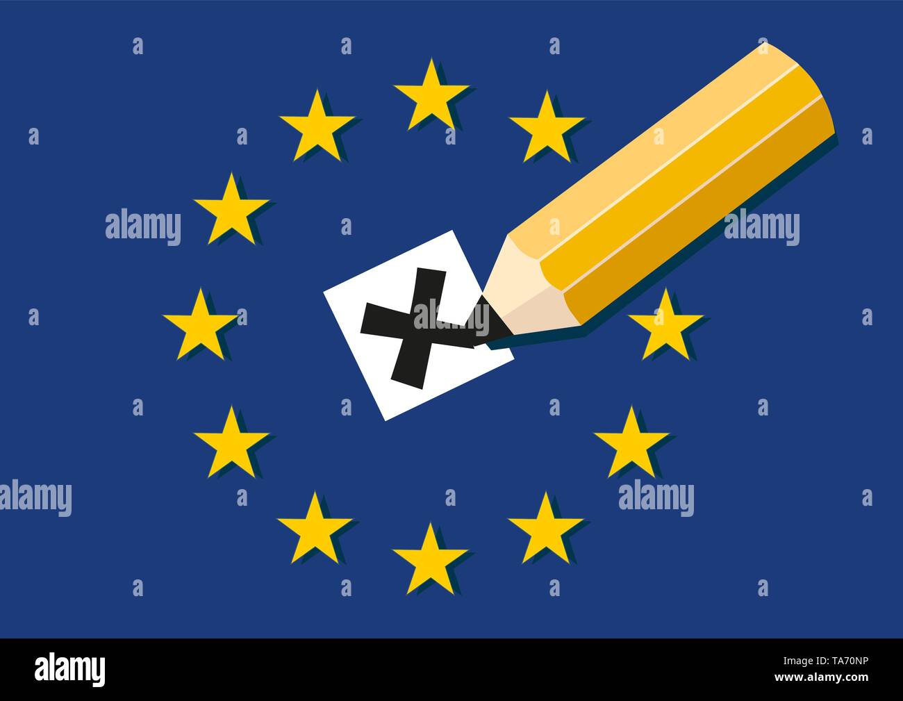 Concept des élections au Parlement européen. Faire une croix au crayon bulletin de vote avec les étoiles et d'un drapeau en arrière-plan. Illustration de Vecteur