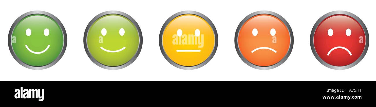 Vecteur de rétroaction avec les boutons icônes Smiley en différentes couleurs de plaisir de Sad Illustration de Vecteur