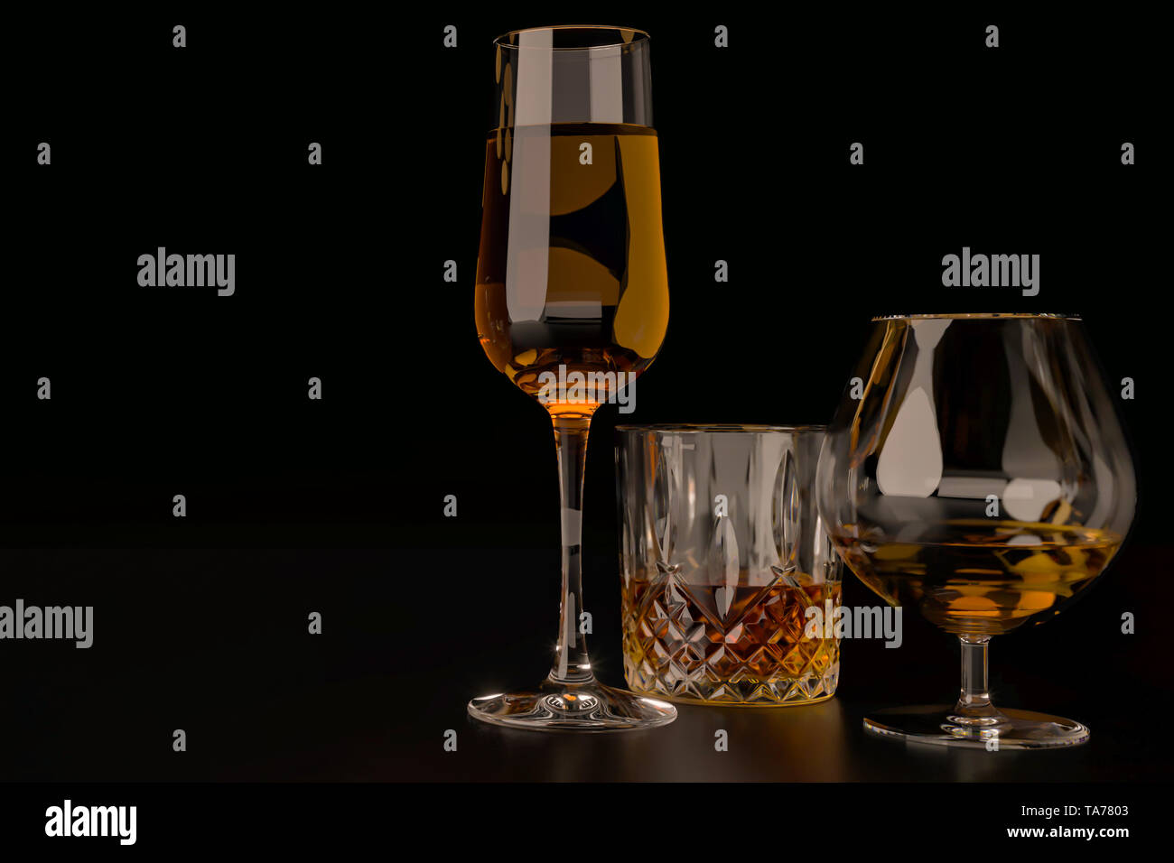 Des boissons alcoolisées, des verres et des verres, en présence de whisky, vodka, rhum, tequila, brandy, cognac. sur dark old fond avec selectiv Banque D'Images