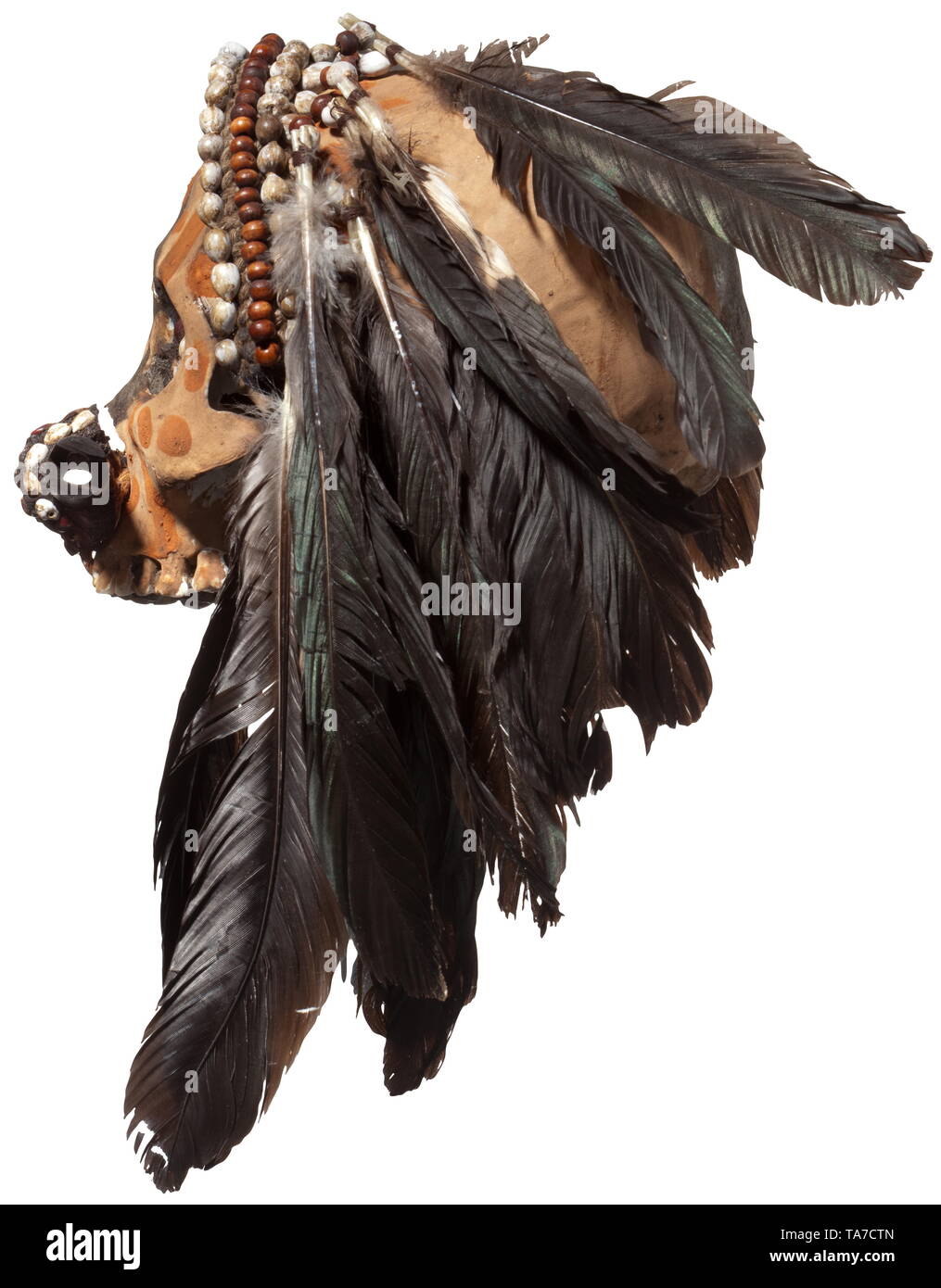 Un crâne de l'ancêtre du peuple Asmat peint polychrome crâne humain sans mâchoire inférieure, les yeux remplis de graines. Nez nez complexe avec bouchon. Coiffe textile avec des coquillages et de plumes. Hauteur 15 cm., historique, historique de l'archipel indonésien, l'Indonésie, l'Extrême-Orient, Asie, Asiatique, l'ethnologie, l'appartenance ethnique, tribale, ethnique, objet, objets, alambics, clipping, coupures, cut out, cut-out, cut-outs,-Additional-Rights Clearance-Info-Not-Available Banque D'Images