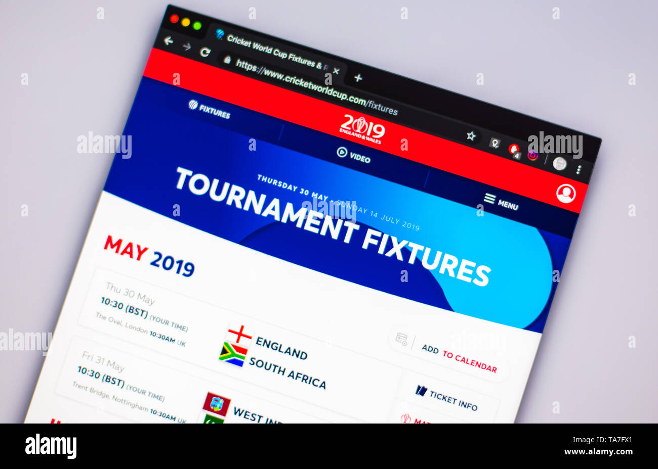 Site web de l'ICC World Cup 2019 Banque D'Images