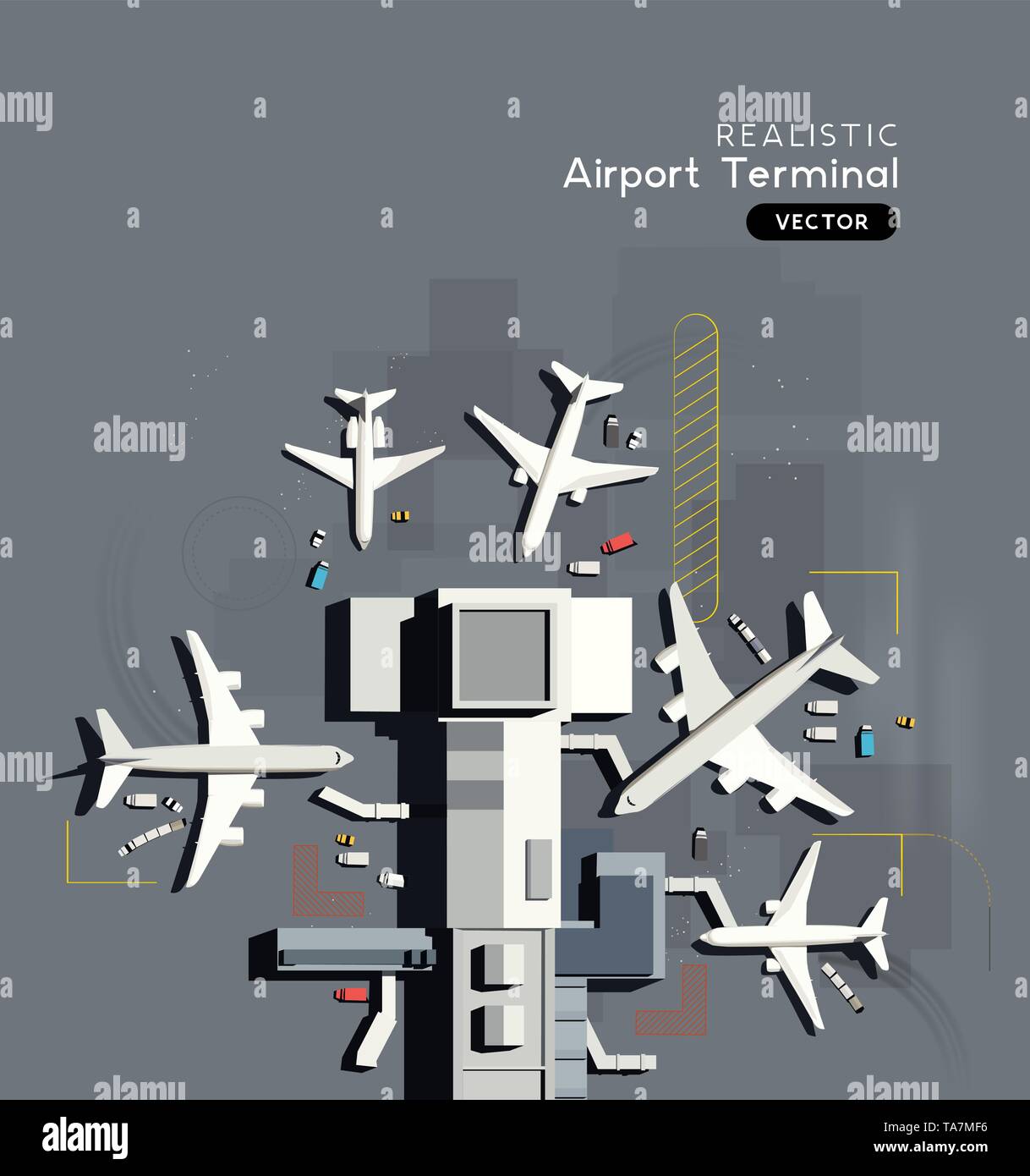 De haut en bas Vue aérienne d'un terminal d'aéroport avec les avions commerciaux en stationnement. Vector illustration. Illustration de Vecteur