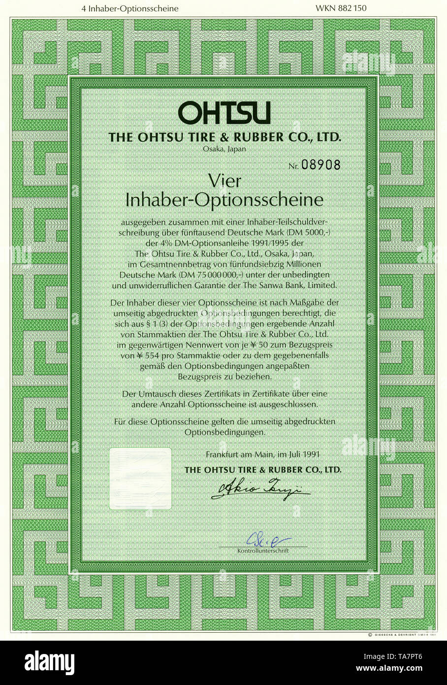 Historic Stock certificat, certificat de titres au porteur, le justifient, Historisches Wertpapier, Reifenhersteller Inhaber-Optionsschein, japanischer, l'Ohtsu Tire & Rubber Co., Ltd., Osaka, Japon, 1991 ausgegeben à Frankfurt am Main, Allemagne Banque D'Images