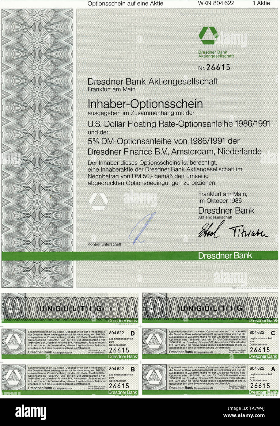 Historic Stock certificat, certificat de titres au porteur, le justifient, Inhaber-Optionsschein für Aktien von der Dresdner Bank AG und der Dresdner FINANCE B.V., Amsterdam, Pays-Bas, 1986 Banque D'Images