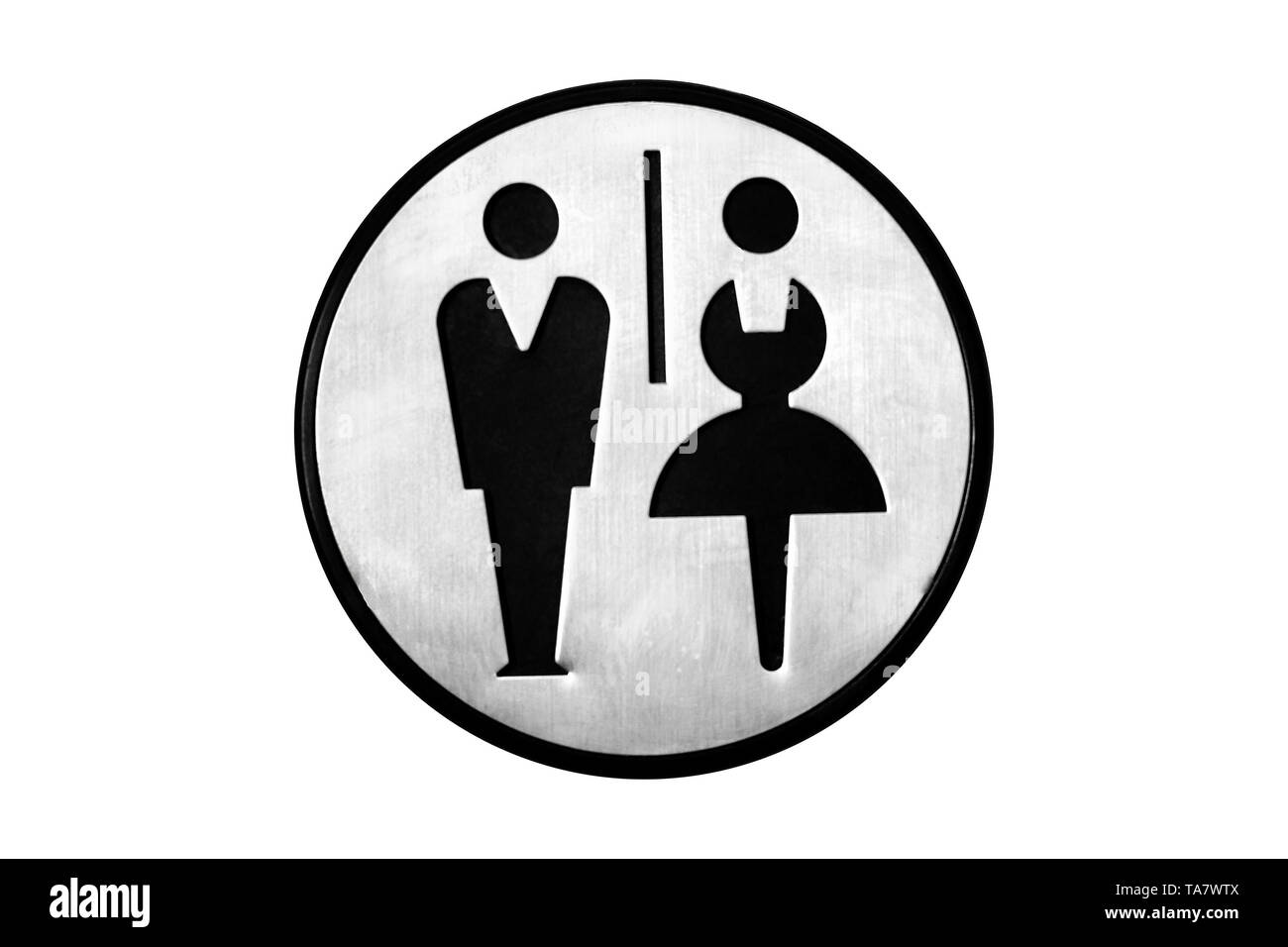 Round metal sign de WC, WC isolé sur fond blanc. Silhouettes noires d'un homme et une femme. Banque D'Images