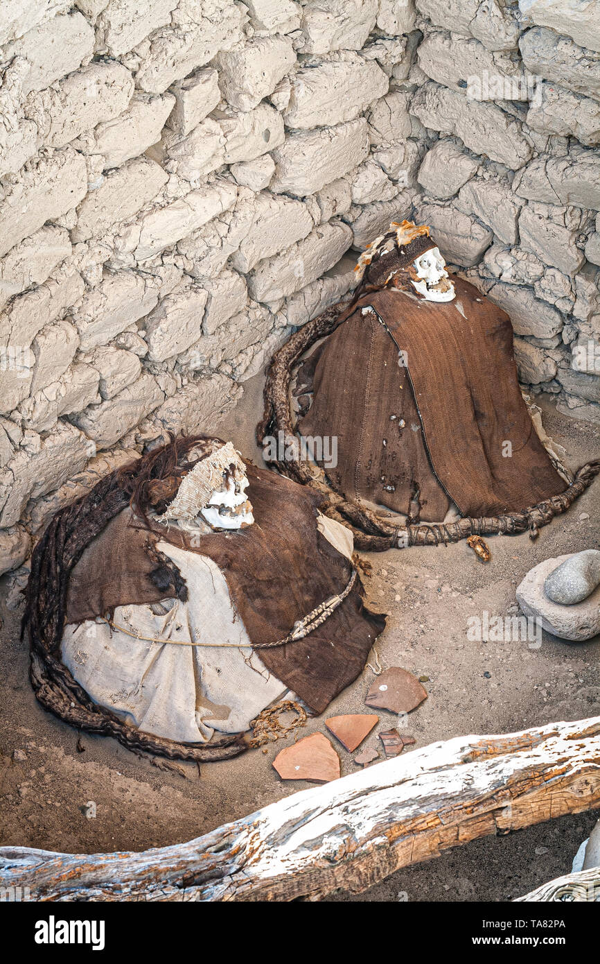 Les momies à Chauchilla Cemetery (Cementerio de Chauchilla), découvert dans les années 1920. Nasca, Ministère de l'Ica, au Pérou. Banque D'Images