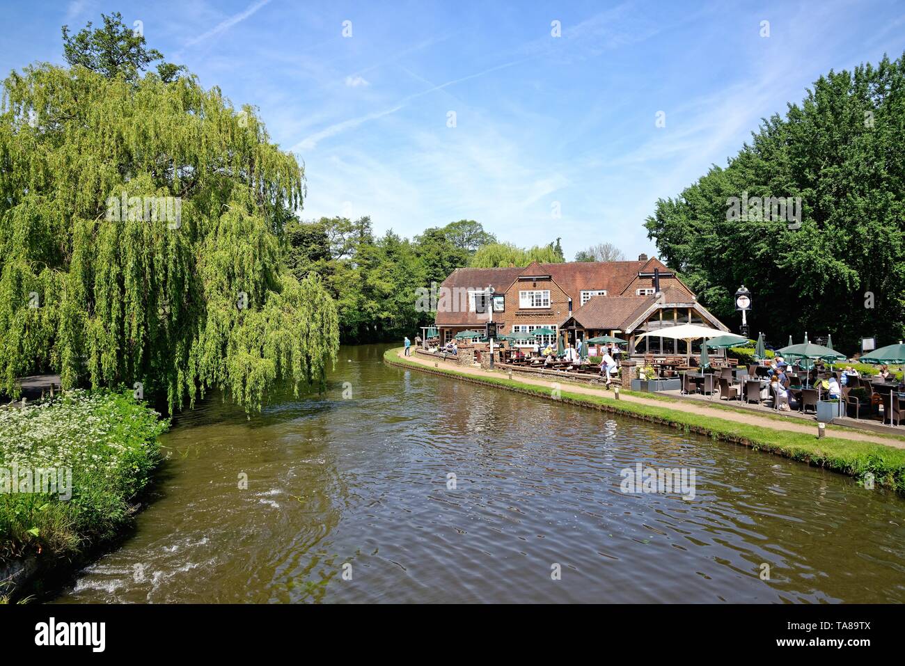 L'Anchor pub sur le canal à la navigation de la rivière Wey Pyrford Surrey England UK Banque D'Images