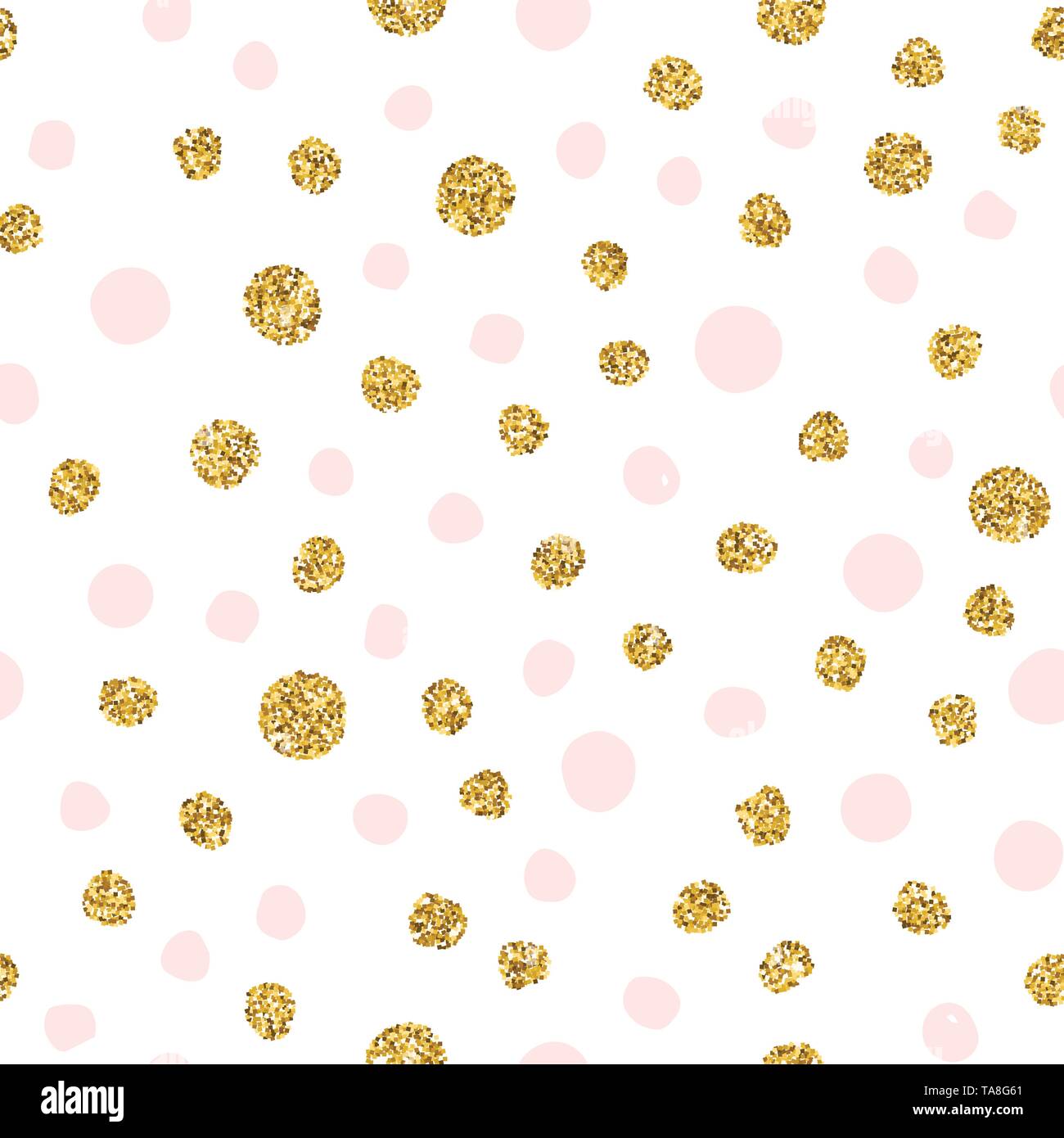 L'or et rose à pois motif transparent glitter. Vector background sans fin de confettis. Les cercles mignon motif. Les feuilles de métal or arrière-plan. Illustration de Vecteur