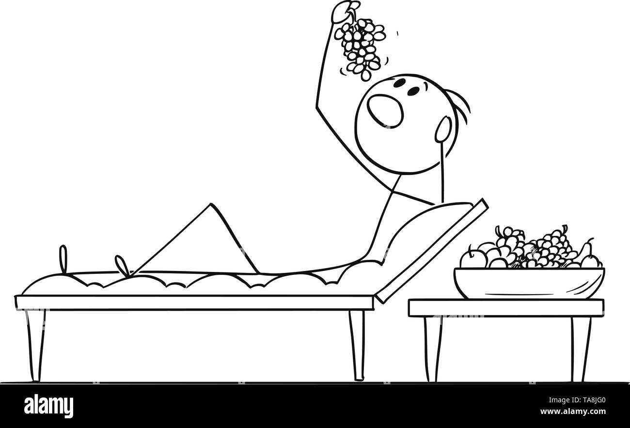 Vector cartoon stick figure dessin illustration conceptuelle de l'homme riche ou businessman lying on couch dans lucullan ou romain de style et de manger des fruits ou des raisins. Illustration de Vecteur