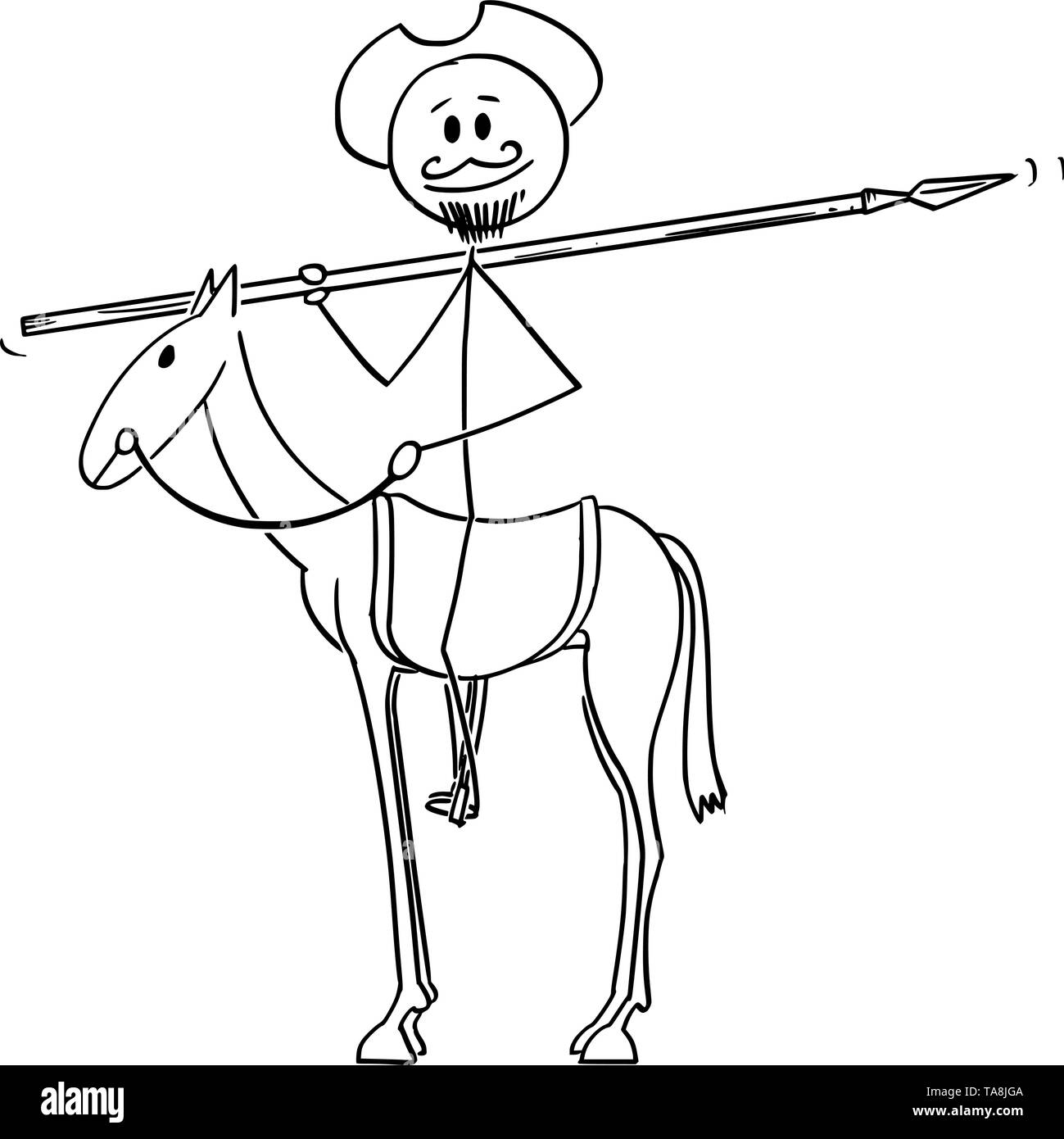 Vector cartoon stick figure dessin illustration conceptuelle de chevalier à cheval avec moulin sur l'arrière-plan - Don Quijote, personnage de livre Illustration de Vecteur