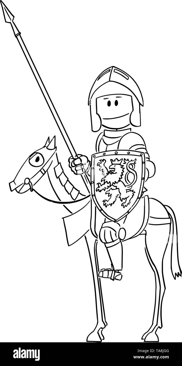 Vector cartoon stick figure dessin illustration conceptuelle de chevalier en armure avec lance ou lance et le bouclier assis et équitation sur cheval. Illustration de Vecteur