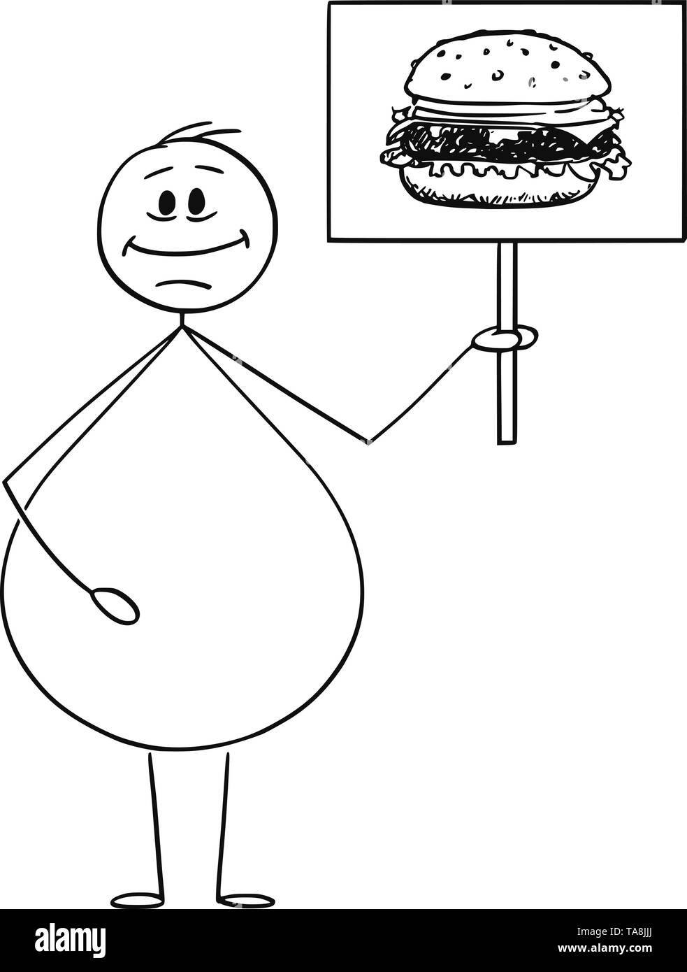 Vector cartoon stick figure dessin illustration conceptuelle de l'embonpoint ou sont obèses smiling man holding sign avec hamburger burger ou image. Junk Food concept. Illustration de Vecteur