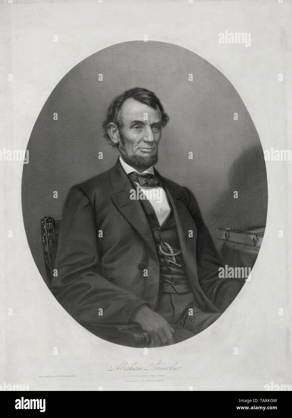 Mi assis Portrait d'Abraham Lincoln, lithographie de Joseph E. Baker à partir d'une photographie par M.B. Brady & Co., imprimé et publié par la maison d'édition d'impression Bufford, Boston, Massachusetts, 1865 Banque D'Images