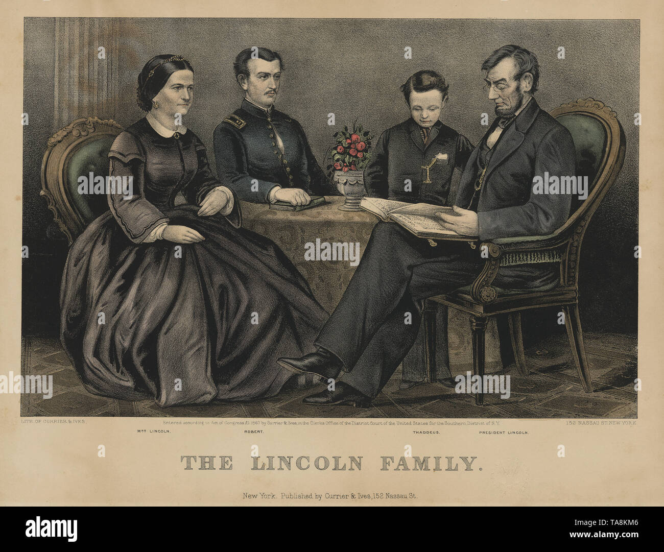 La famille Lincoln, de gauche, Robert Mary Todd Lincoln Lincoln, Thomas Lincoln, Abraham Lincoln, lithographie de Currier & Ives, 1867 Banque D'Images