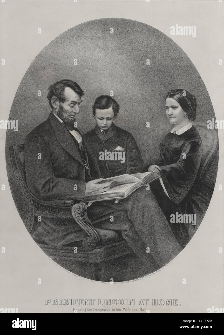 Le président Lincoln, à la maison, lire les écritures à sa femme et son fils, Currier & Ives, 1865 Banque D'Images