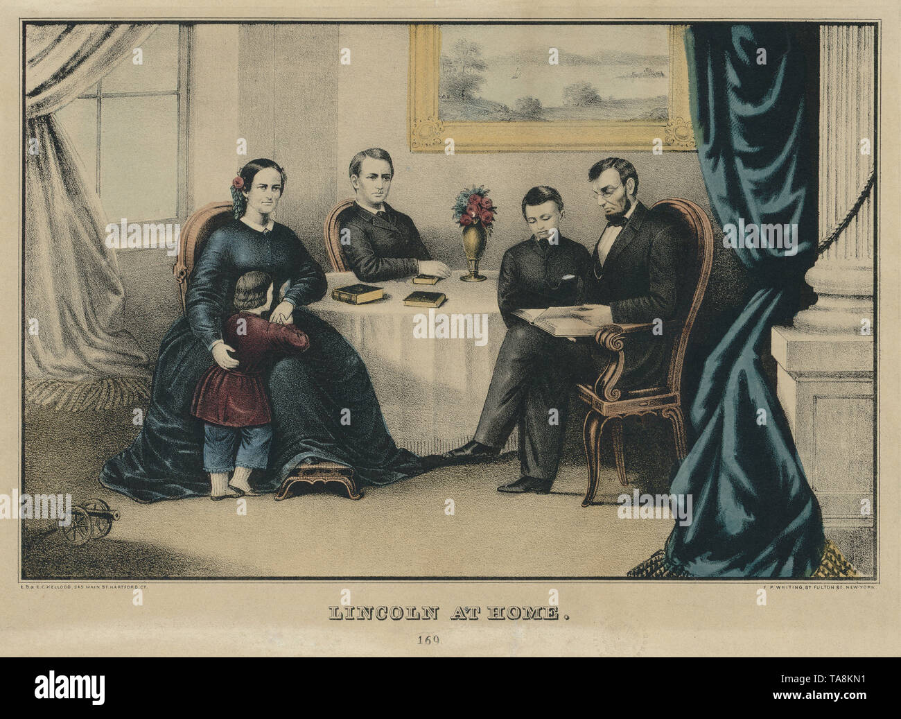 À la maison, Lincoln Portrait d'Abraham Lincoln avec son épouse Mary Todd Lincoln (assis à gauche) et fils Thomas (debout avec Marie), Robert (assis au centre) et William (debout à droite avec Lincoln), lithographie de E.B. & C.e. Kellogg, publié par George Whiting, 1865 Banque D'Images