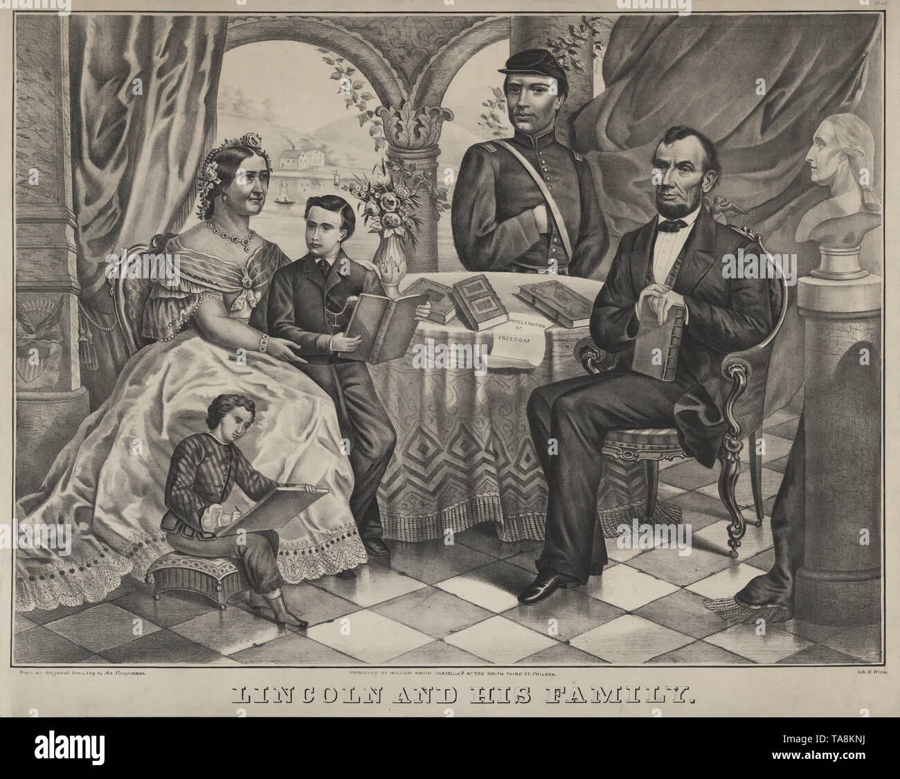 Lincoln et sa famille, Portrait d'Abraham Lincoln avec son épouse Mary Todd Lincoln (assis à gauche) et fils Willie (debout avec Marie), Robert (debout au centre) et Thomas (assis à gauche), lithographie de D. Weist d'un dessin par Ad. Biegmann, publié par William Smith, années 1860 Banque D'Images