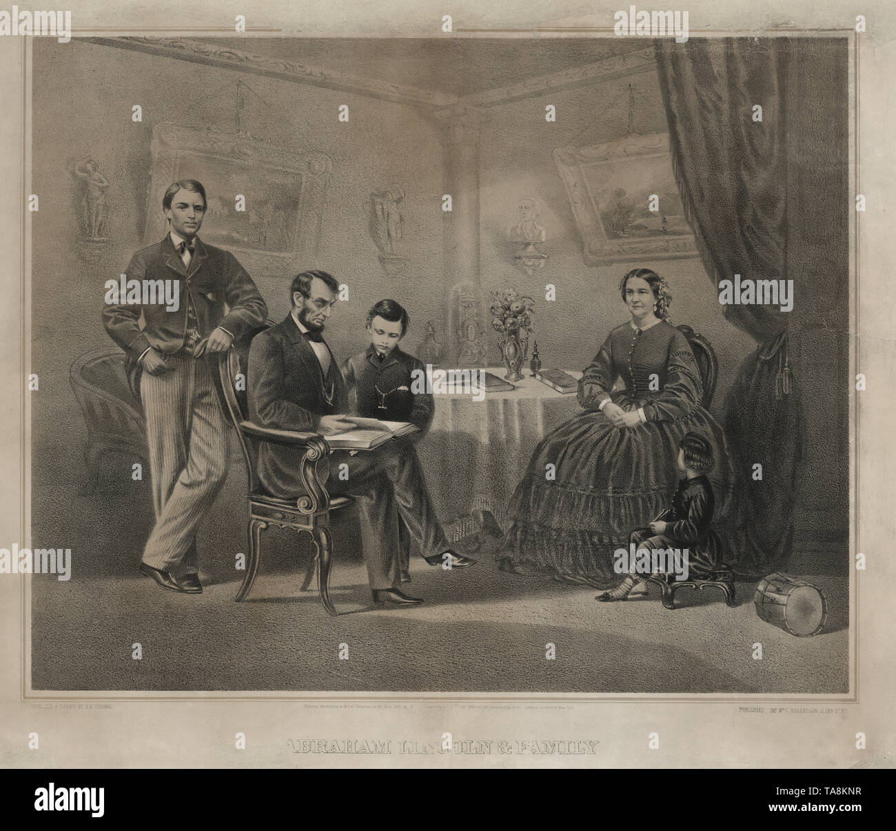 Abraham Lincoln et de la famille, de gauche Robert Lincoln, Abraham Lincoln, William Lincoln, Mary Todd Lincoln, Thomas Lincoln, dessiné par H.A. Thomas, publié par William C. Robertson, 1865 Banque D'Images