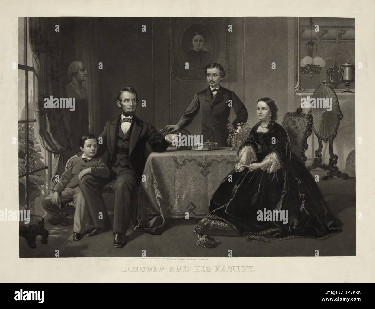 Lincoln et sa famille, Portrait d'Abraham Lincoln avec son épouse Mary Todd Lincoln (assis à droite) et fils Robert (debout) et Thomas (assis à gauche), gravure par William Sartain D'après une peinture par Samuel Bell Waugh, publié par Bradley & Co., 1866 Banque D'Images