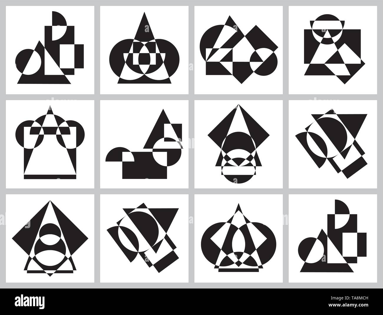Abstract figures géométriques futuristes, formes de symétrie et asymétrie. Ensemble de motif en noir et blanc. Illustration de Vecteur