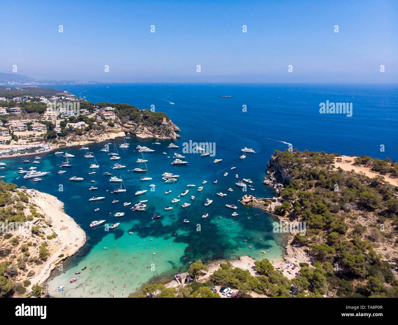 Vue aérienne, vue sur la baie de trois doigts Portals Vells, Majorque, Îles Baléares, Espagne Banque D'Images