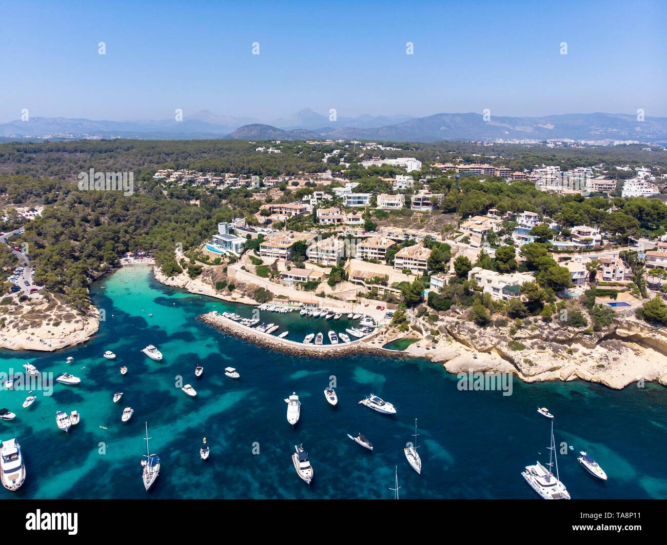 Vue aérienne, vue sur la baie de trois doigts Portals Vells, Majorque, Îles Baléares, Espagne Banque D'Images