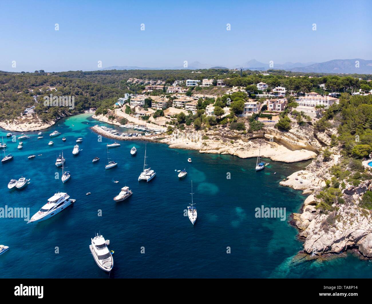 Vue aérienne, vue sur la baie de trois doigts Portals Vells, Majorque, Îles Baléares, Espagne Banque D'Images