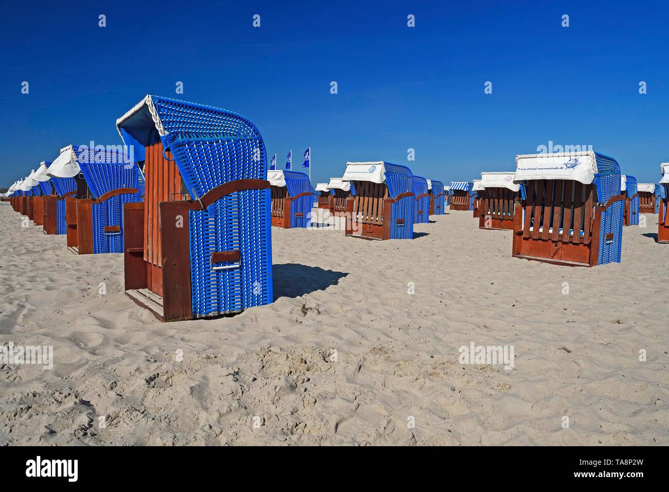 Chaises de plage bleu à la plage de Warnemunde,, Mecklembourg-Poméranie-Occidentale, Allemagne Banque D'Images