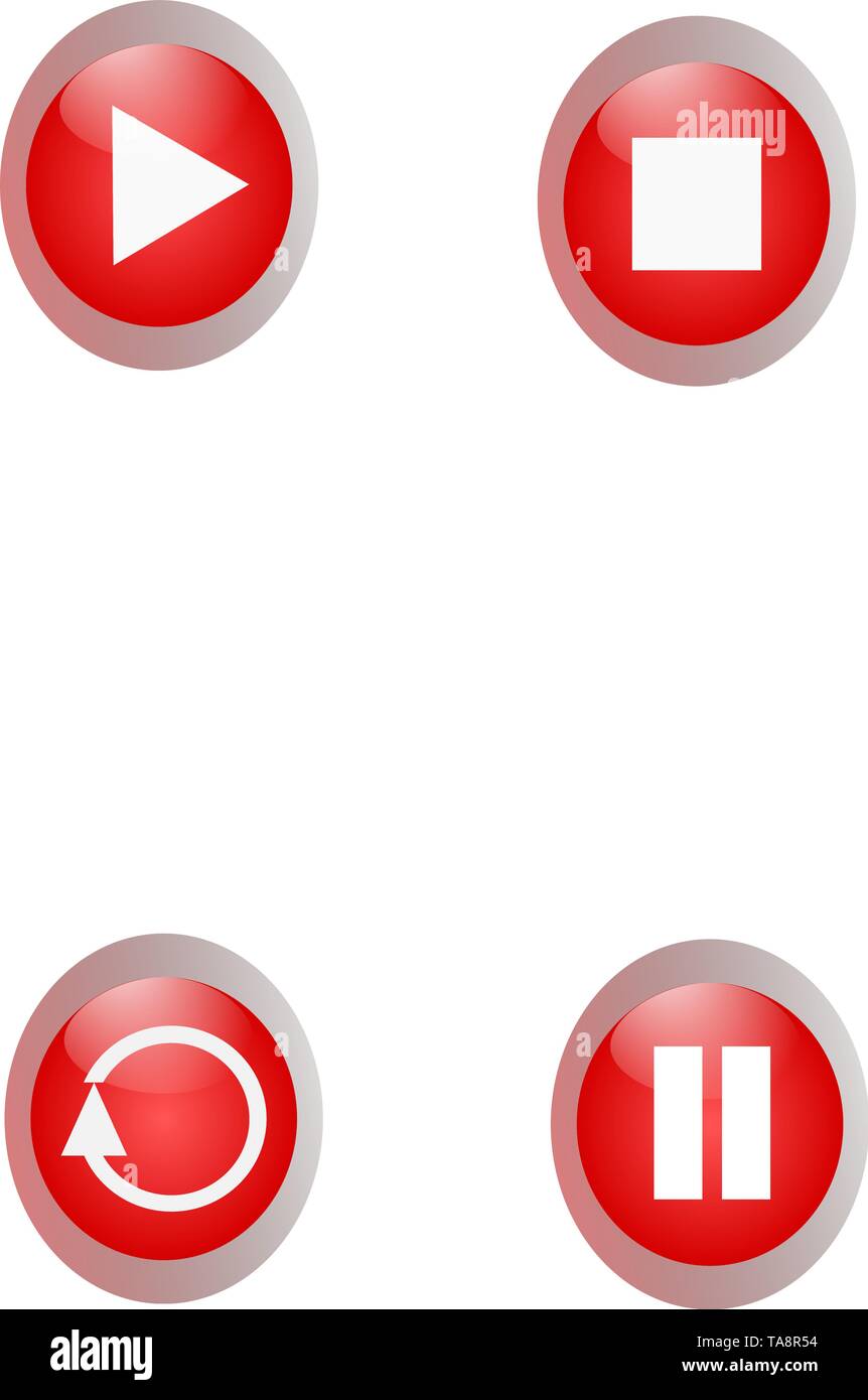 Rouge jeu de boutons du panneau de lecture, pause, arrêt et Reprise sur un bouclier rouge pour vecteur web Illustration de Vecteur