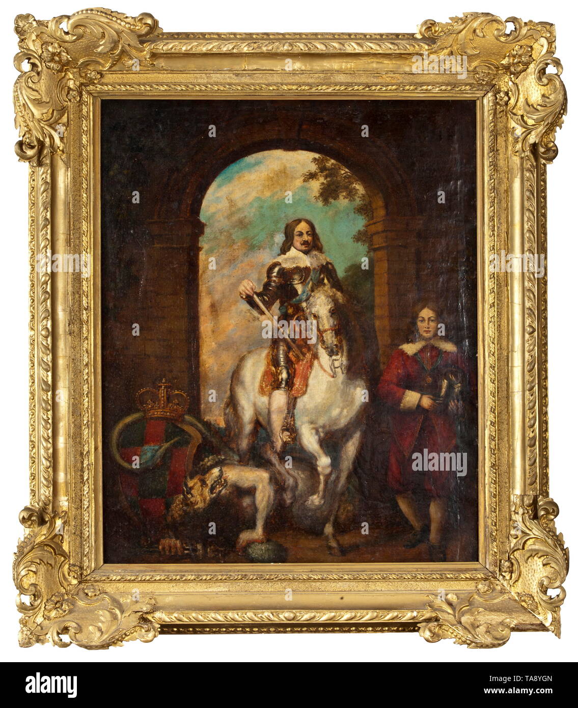 Un portrait de Baroque un homme à cheval, 19e siècle, dans le style du 17e siècle Huile sur toile. Armor-clad cavalier dans la pose d'un général, monté sur un cheval blanc sous une arcade. Un loup-garou se recroquevillant sur le terrain, un serviteur debout à droite, tenant le casque du pilote. Au verso un blason au-dessous d'une couronne du prince. Dans un cadre en plâtre doré (endommagé). Taille de la toile 76 x 60 cm, taille du cadre 97 x 84 cm., historique historique, beaux-arts, l'art, 19e siècle, l'artiste n'a pas d'auteur pour être effacé Banque D'Images