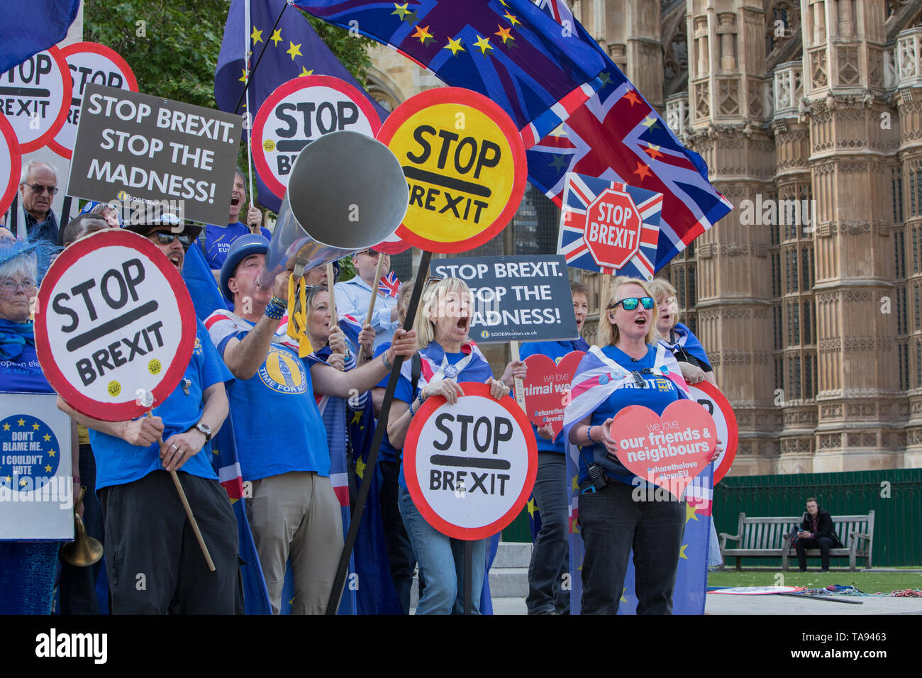 Londres, Royaume-Uni. 22 mai 2019. Laissez-Pro et pro-manifestants restent en dehors du débat de la Chambre du Parlement, Westminster. Les députés poser des questions au premier ministre à la Chambre des communes. Banque D'Images