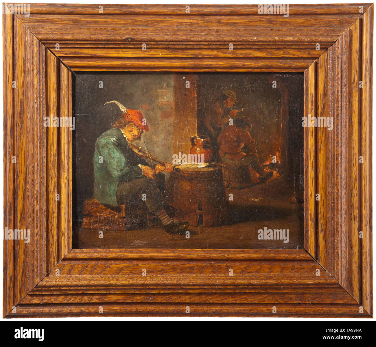 Un tableau de genre dans le style de David Teniers, 2e moitié du 17e siècle Huile sur bois de chêne. Représentation d'un pub des paysans ou de l'auberge le soir. Au premier plan un musicien en milieu rural, à côté de lui un creux en bois à l'envers avec cruche de vin et de tuyau. Dans l'arrière-plan deux autres paysans à un grand feu ouvert. Dans le cadre de bois de chêne moderne. Dimensions de la photo 19.5 x 25.5 cm, avec cadre 34,5 x 40 cm., historique historique, beaux-arts, l'art, 17e siècle, Additional-Rights Clearance-Info-Not-Available- Banque D'Images