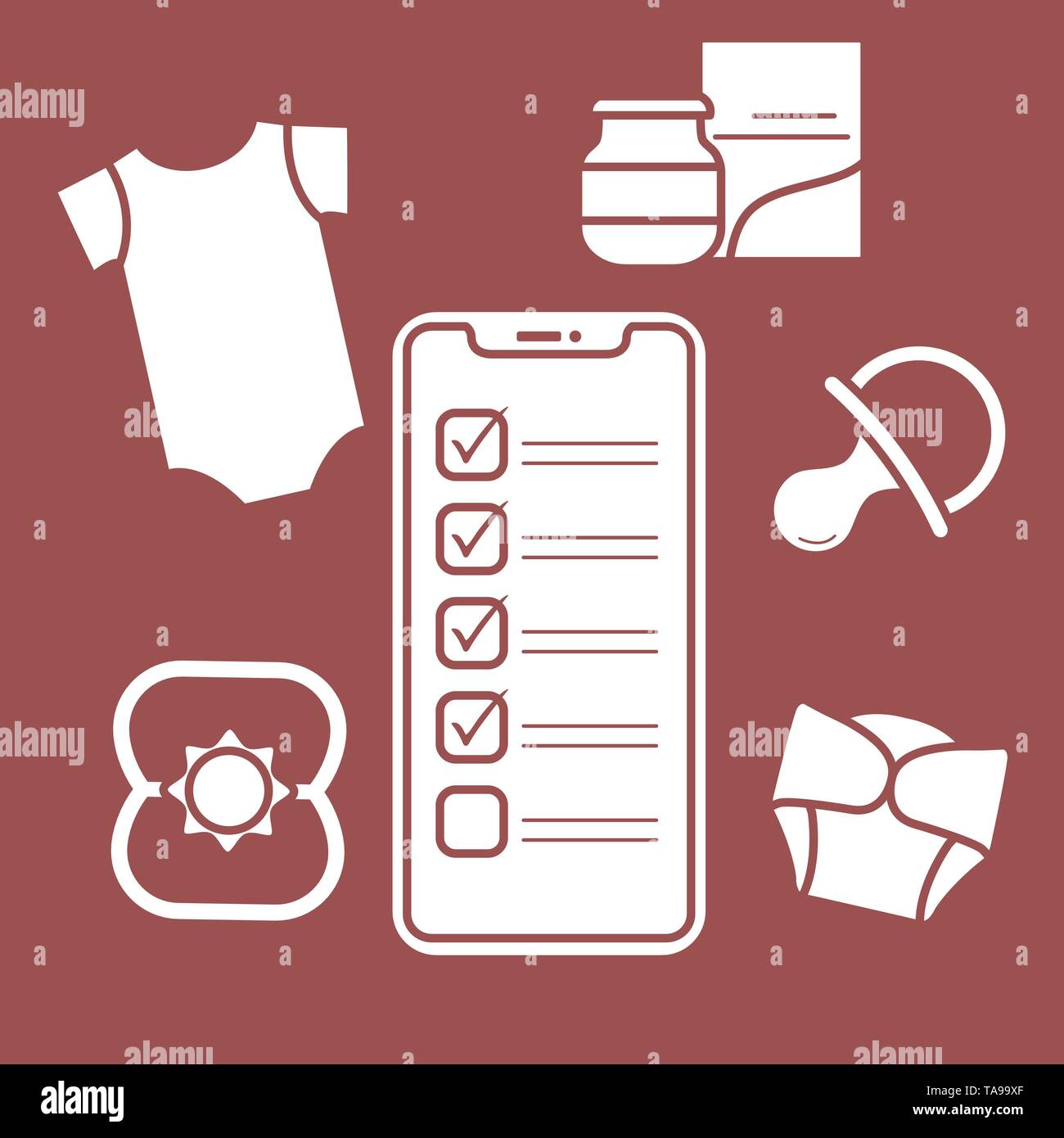 Vector illustration avec le smartphone à l'aide de bébé, accessoires. Body, aliments pour bébé, couches, peut-mamelon, bat. Les achats en ligne. Illustration de Vecteur