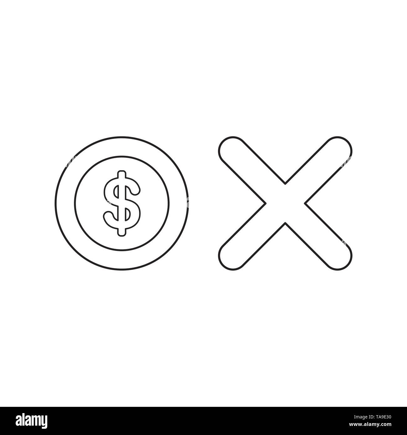 Icône vecteur concept de pièce d'un dollar avec x marque. Contours noirs. Illustration de Vecteur