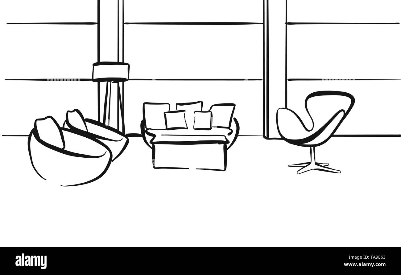 Chaises de salon en bureau. Hand drawn vector art pour l'architecture et les projets de communication. Illustration de Vecteur