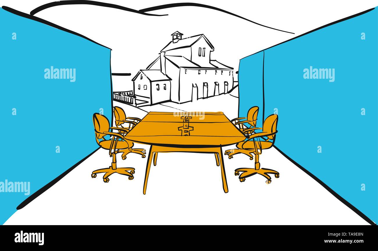 Table de bureau moderne en plein air scène concept. Hand drawn vector art pour l'architecture et les projets de communication. Illustration de Vecteur