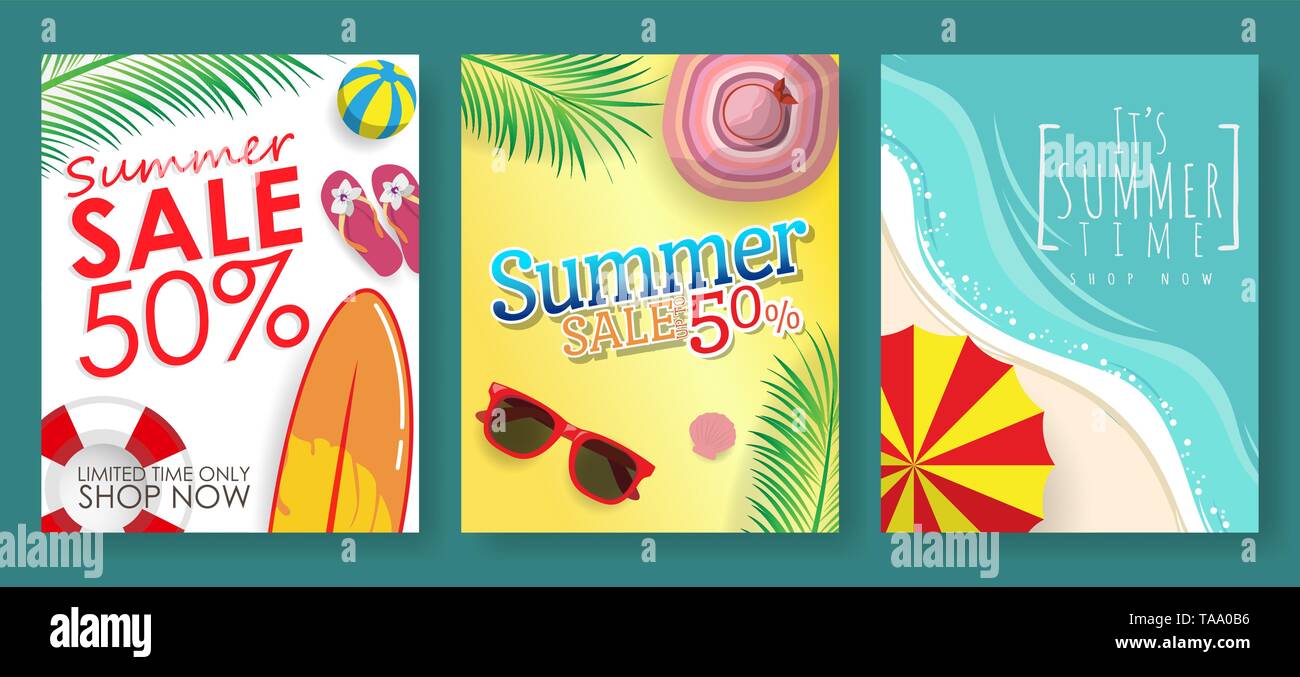 Lot de 3 modèles de bannière pour l'été avec promotion discount vente accessoires de plage arrière-plan. vector background vente d'été pour la bannière, affiche, flyer Illustration de Vecteur