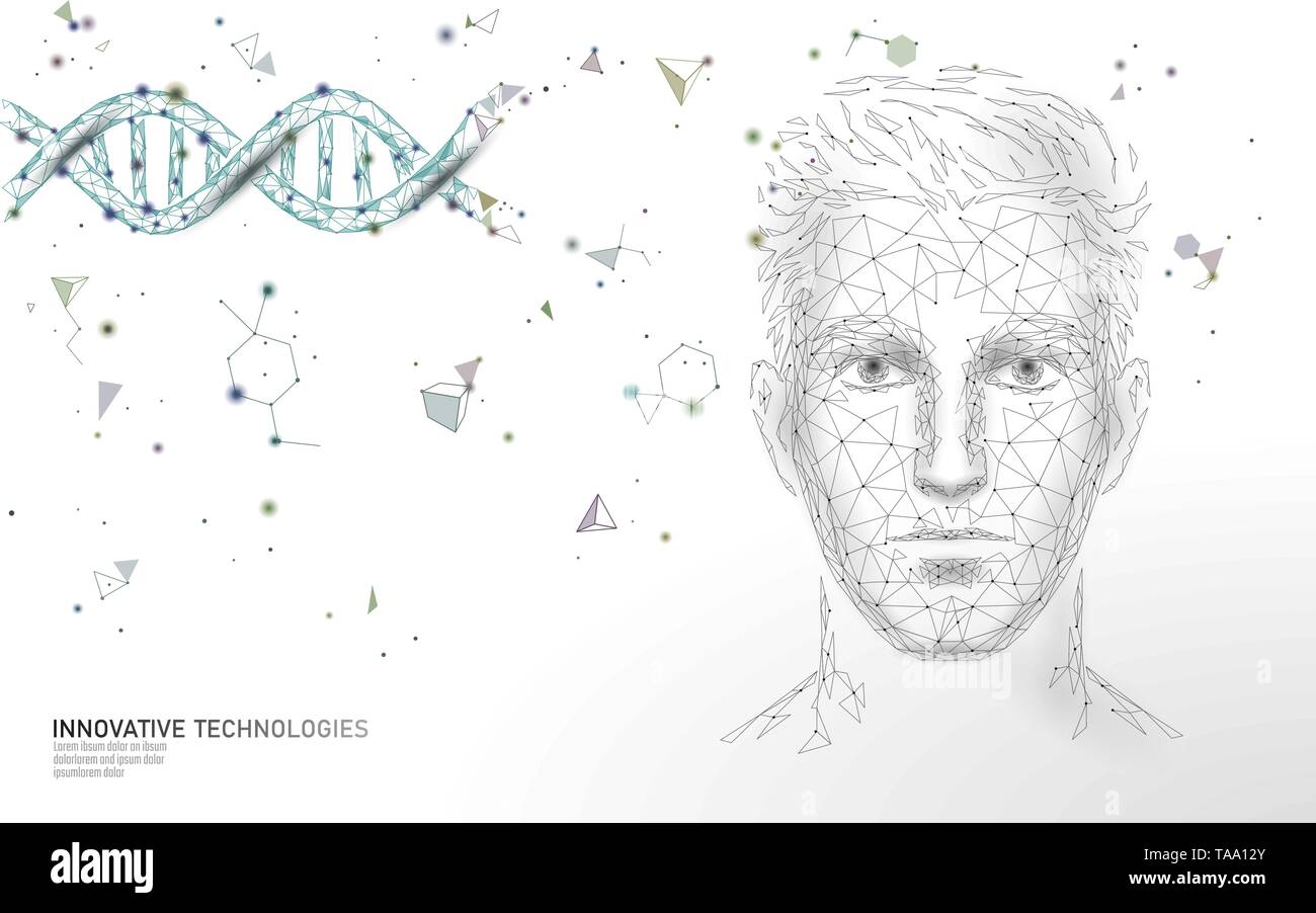 Traitement des molécules ADN recherche en sciences polygonal 3D. Poly faible face mâle homme médical polygonale des soins de santé. La structure du gène gène médicament helix vecteur Illustration de Vecteur